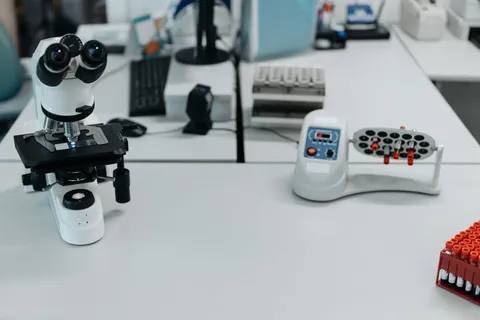 Laboratuvar masasında mikroskop ve kan örneği karıştırıcısı